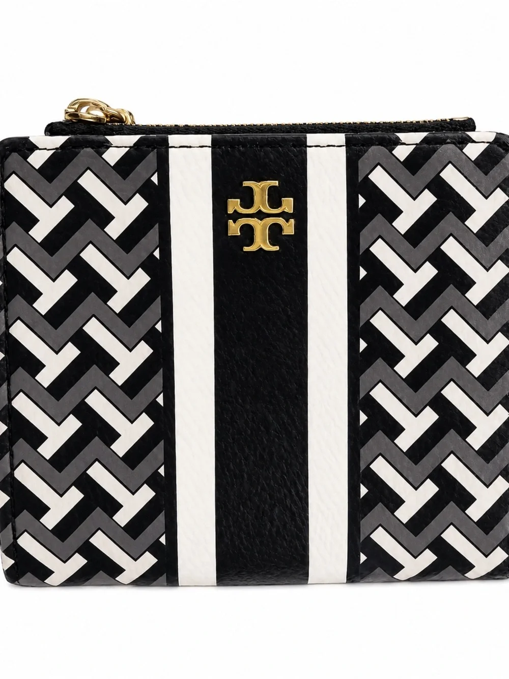Tory Burch Black & White Geometric Zip Wallet with Gold Logo